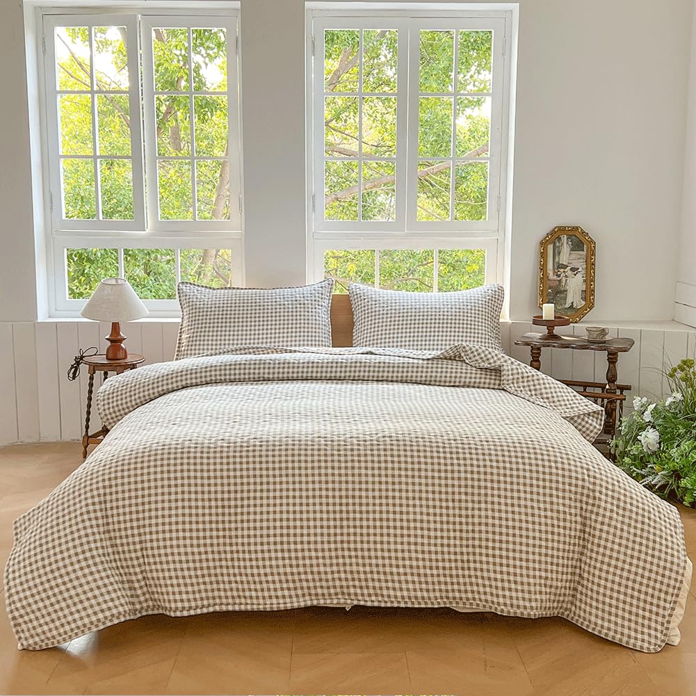 Tan Gingham Summer Bedspread Quilt Set
