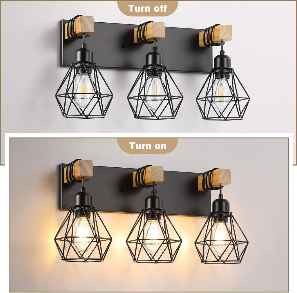 3 Light Bathroom Vanity Light, Farmhouse Black Fixture Over Mirror | Farmhouse Bathroom Light Fixtures, Wood & Metal
