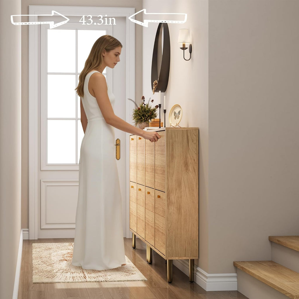 Shoe Storage Cabinet - Ultra Slim Shoe Cabinet with Tiered Fluted Design - Modern Shoe Organizer with Gold Legs