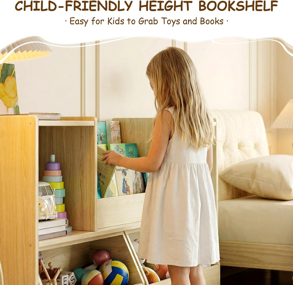 Solid Wood Kids Bookshelf and Toy Storage Organizer, 3-in-1 Montessori Bookcase with Storage Cubbies and 2 Rolling