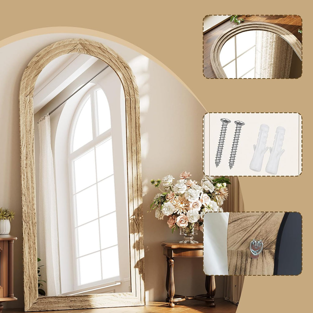 Full Length Mirror 71" x 30", Arched Large Floor Mirror with Solid Wood Frame, Freestanding & Wall Mounted