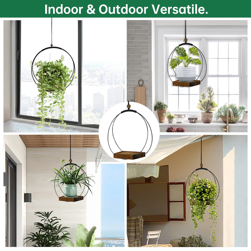 2 Pack Hanging Planter for Indoor Plants, Black Plant Hanger with Sturdy Wood Base, Modern Boho Macrame Hanger, Wall