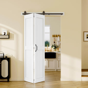 48x84in Bifold Barn Door with Hardware Kit, White Sliding Closet Doors 2 Panels with 52'' Track, Waterproof MDF