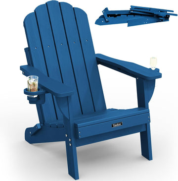 Folding Adirondack Chair, All-Weather HDPE Patio Chair with 2 Cup Holders | Wide Armrest, Wood Grain, Oversized