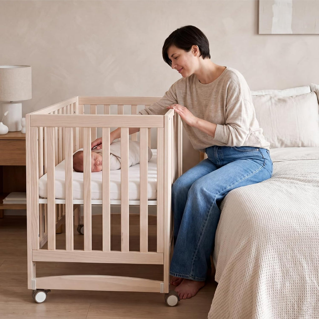 EvoNest 6-in-1 Convertible Baby Mini Crib with Wheels | GREENGUARD Gold Certified, New Zealand Pine Wood, 4
