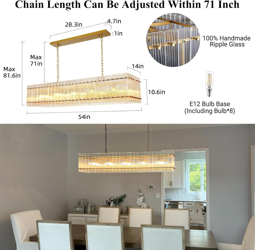 Modern Gold Chandeliers,55 in Chandelier for Dining Room, Rectangular Water Ripple Crystal Glass Chandeliers Lighting Fixture, Suit Living Room, Kitchen Island, Adjustable Hanging Chandelier