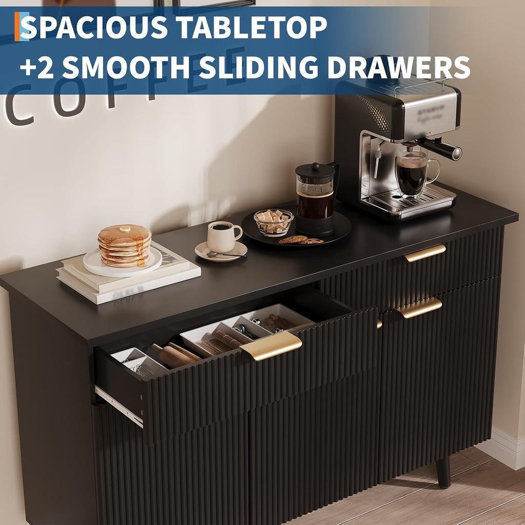 47 Inch Sideboard Buffet Cabinet, Wood Storage Cabinet with 3 Fluted Doors, Adjustable Shelves and 2 Drawers, Coffee