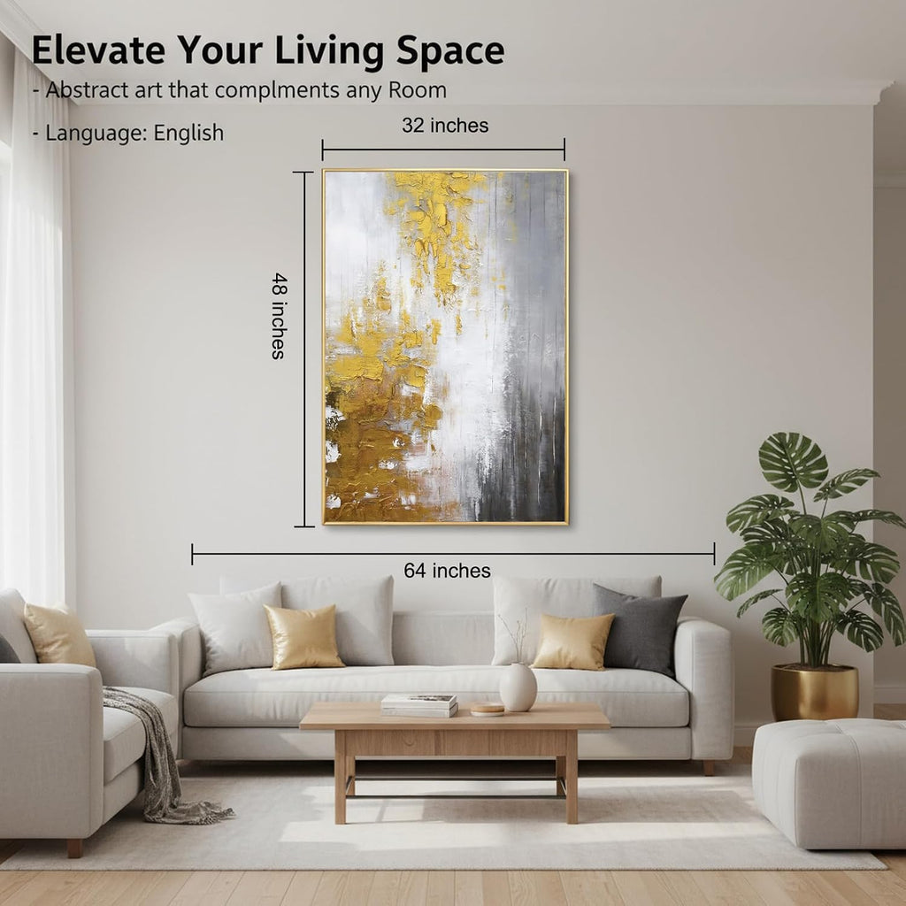 Hand-Painted Black and White Abstract Oil Painting on Canvas for Entrance-Hall, Framed Gold Wall Art ,Large 3D Wall
