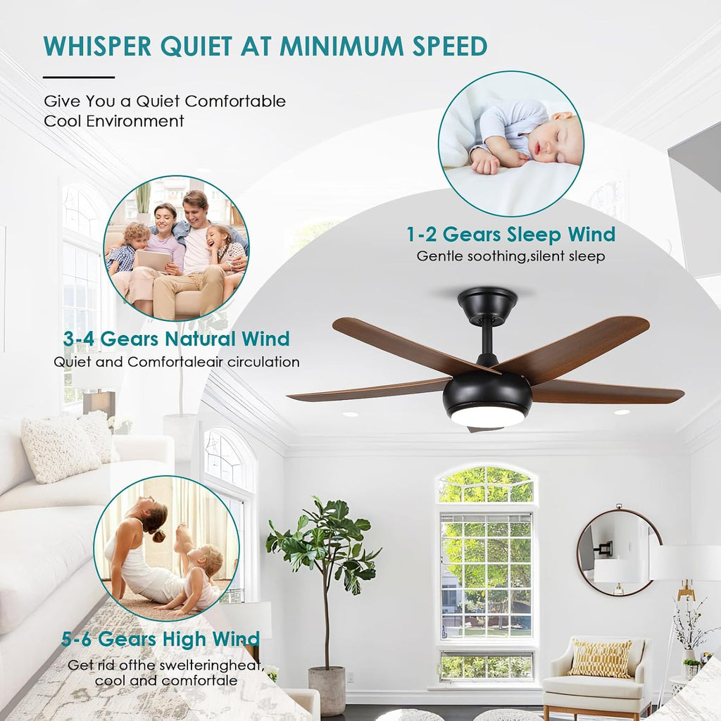 Low Profile Flush Mount Ceiling Fan with Lights - 44IN Modern Indoor/Outdoor Ceiling Fan Light with Remote/APP, Reversible DC Motor with 6 Speeds, Dimming, Brown