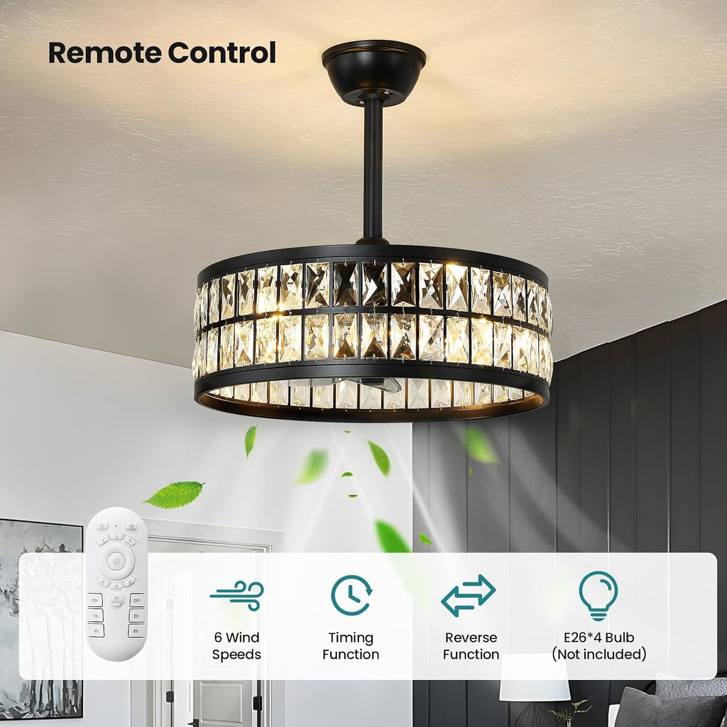 Black Caged Ceiling Fan with Light and Remote Control 19" Bladeless Crystal Modern Fandelier Semi Flush Mount