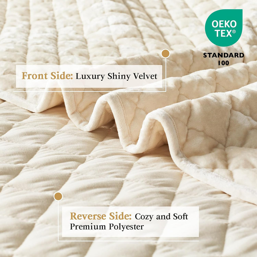 Luxury Velvet Quilt Set King, Lightweight Oversized Bedspread Coverlet Quilted Box Stitch Bedding Set, with 2