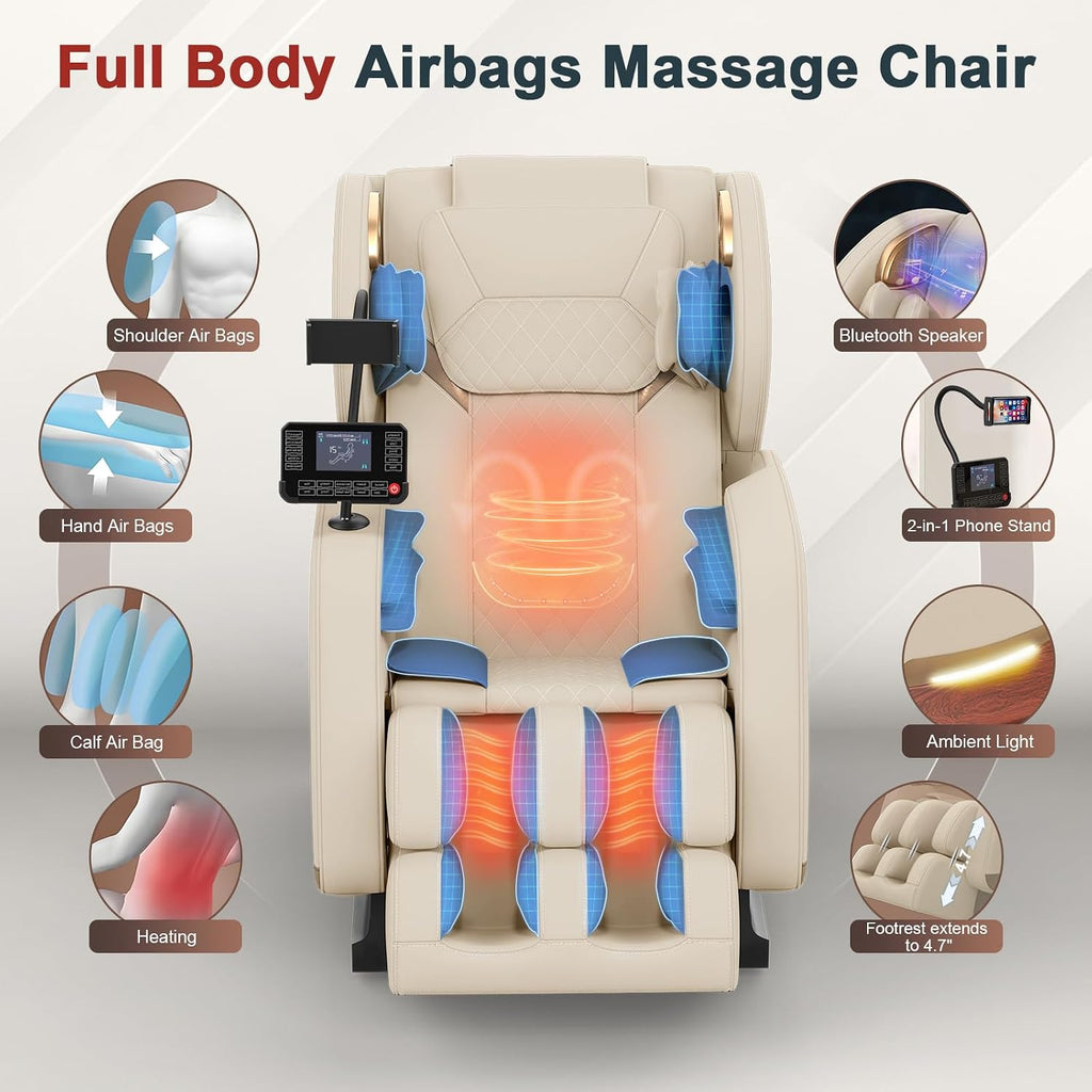 Massage Chair Full Body, 14 Fixed Rollers, Zero Gravity Recliner | Wood Grain Leather, Foot Massage, 5 Auto Modes, 8