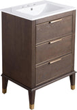24-Inch Bathroom Vanity in Brown Oak with White Ceramic Sink Top, 3-Hole Faucet