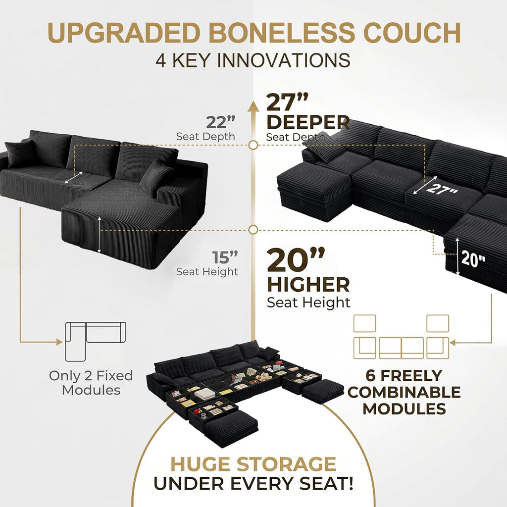 Upgrade Boneless Couch with Storage, Extra Deep&High Seat Modular Sectional Sofa 4 Seater U Shaped Cloud Couch with