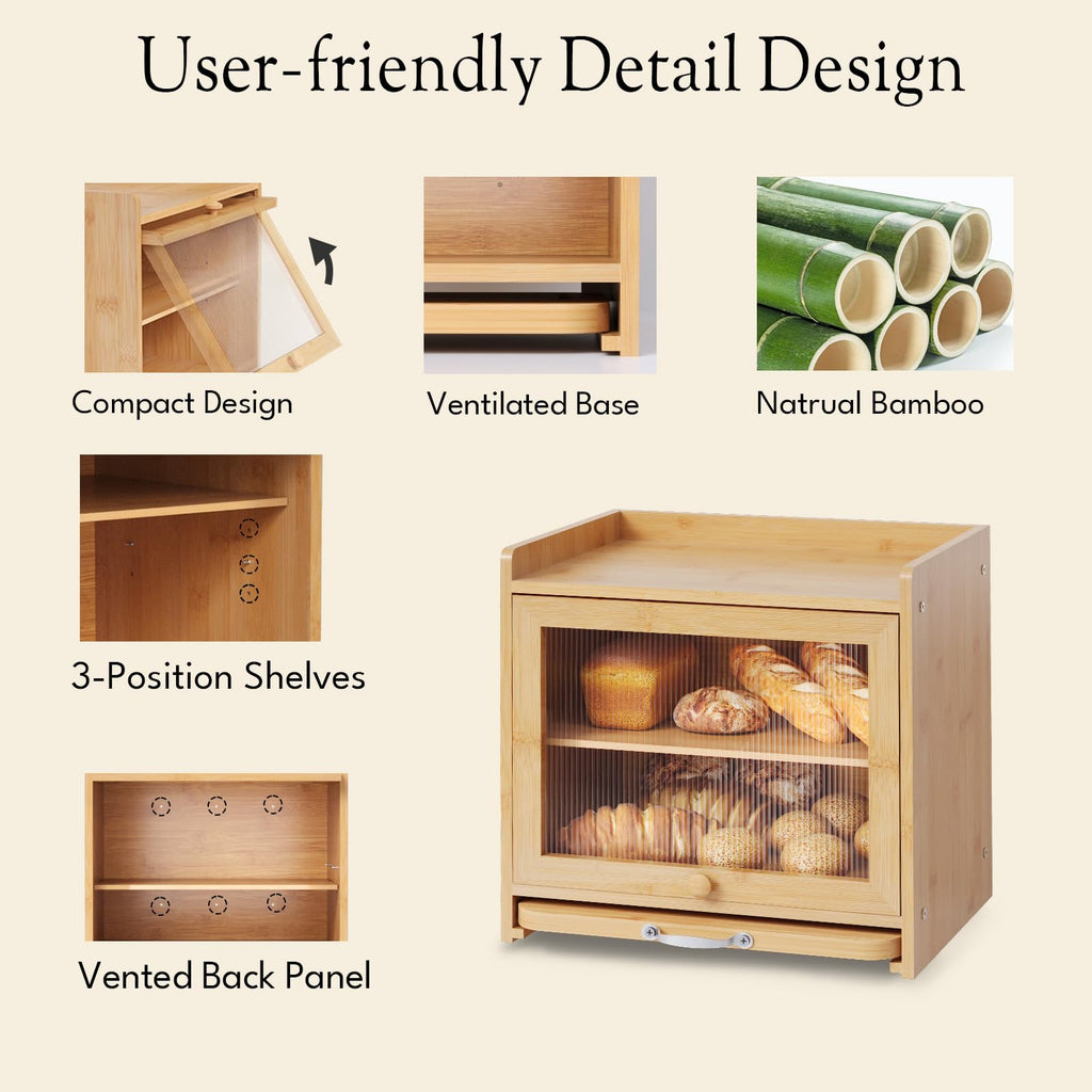 Bread Box - Bamboo, Double Layer, Cutting Board, Kitchen, Natural