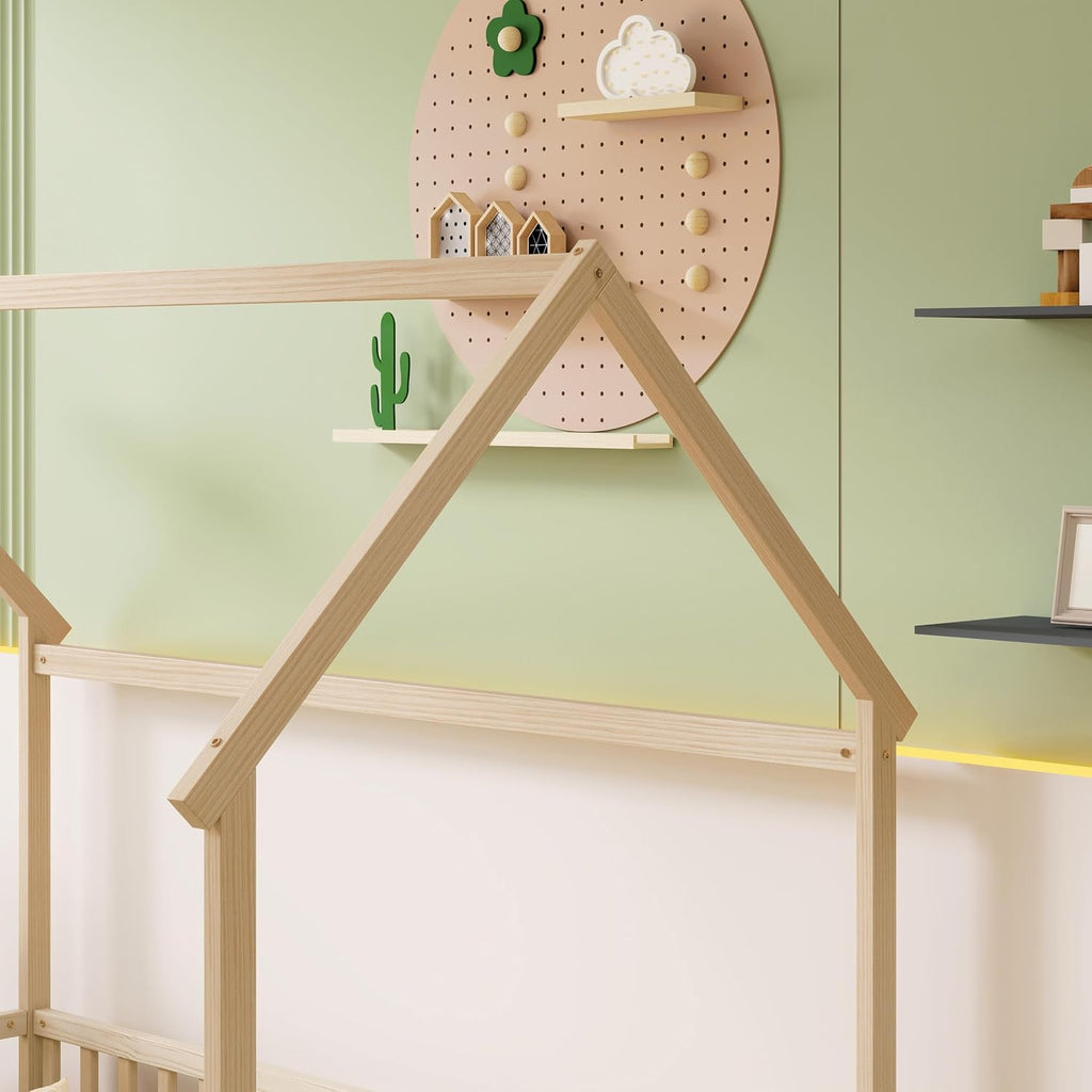 Twin Size Kids Bed Frame with Rails, Twin Montessori beds for Kids, House Bed for Boys Girls, Natural