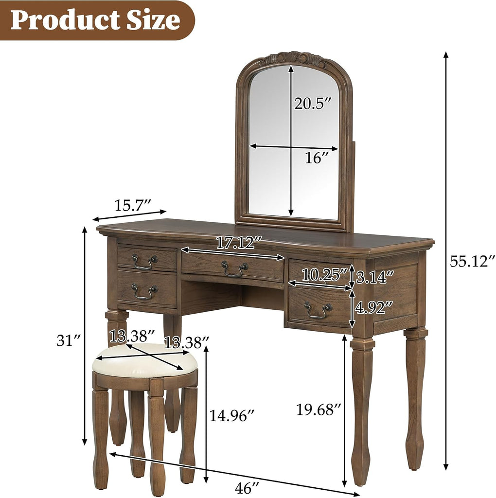 46" Vintage Vanity Desk with Curved Flower Frame Mirror, Wood Dressing Table with Storage, 5 Drawers, Makeup Vanity