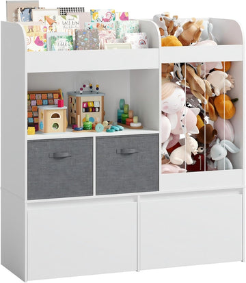 Kids Bookshelf, Stuffed Animal Storage with Play Mat, Wooden Toy Storage Organizer with 2 Movable Drawers and 3 Tier