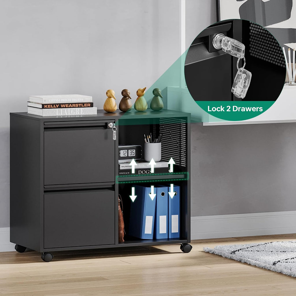 Mobile File Cabinet, Metal Lateral Rolling Printer Stand Filing Cabinets with Shelves -Storage A4/F4 (Black)