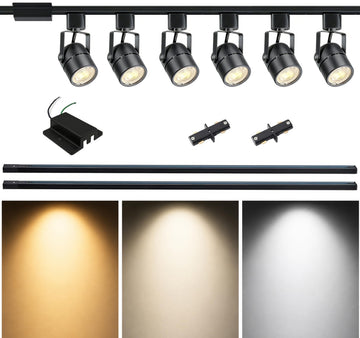 6FT LED Track Lighting Kit with 3-Color GU10 Bulbs, Dimmable 6 Lights Black