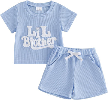 Toddler Baby Sister Brother Matching Outfit Big Sister&Lil Brother Embroidery Waffle Knit Top+Short 2pcs Summer Set