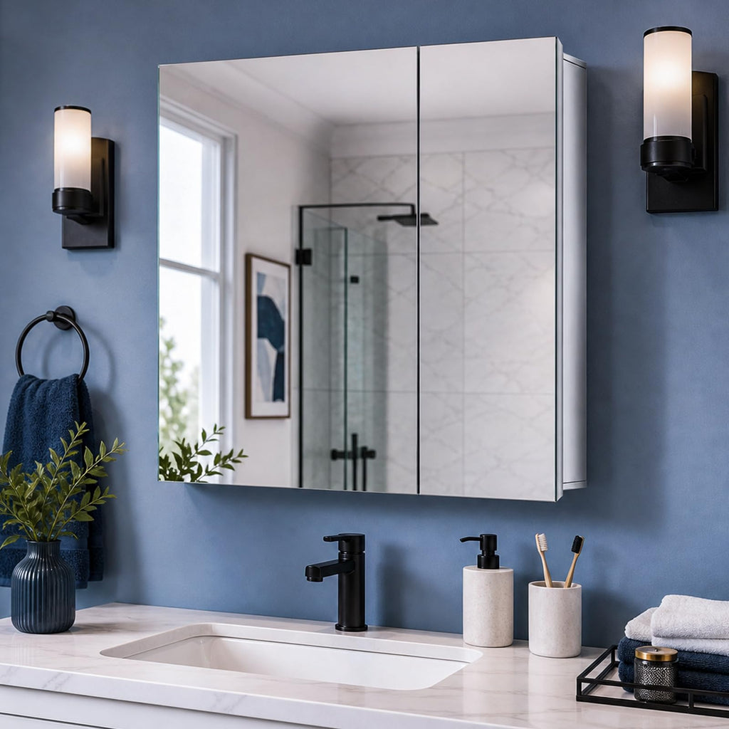 Stainless Steel Medicine Cabinet, Bathroom Mirror Cabinet, Surface Mount and Recess Mount, 23.6 x 25.6 inch, with