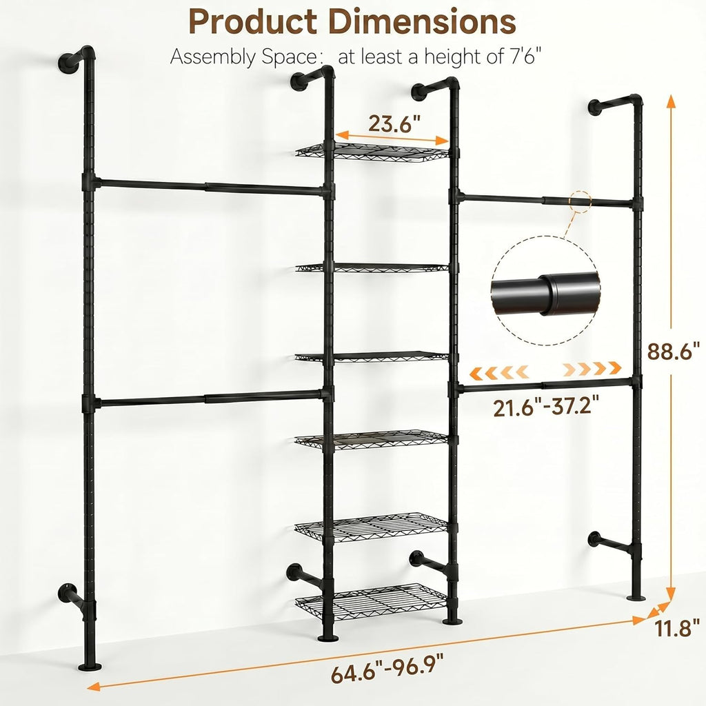 F3 Wall Mounted Closet System, Industrial Pipe Clothing Rack for Hanging Clothes, Heavy Duty Closet Organizer System