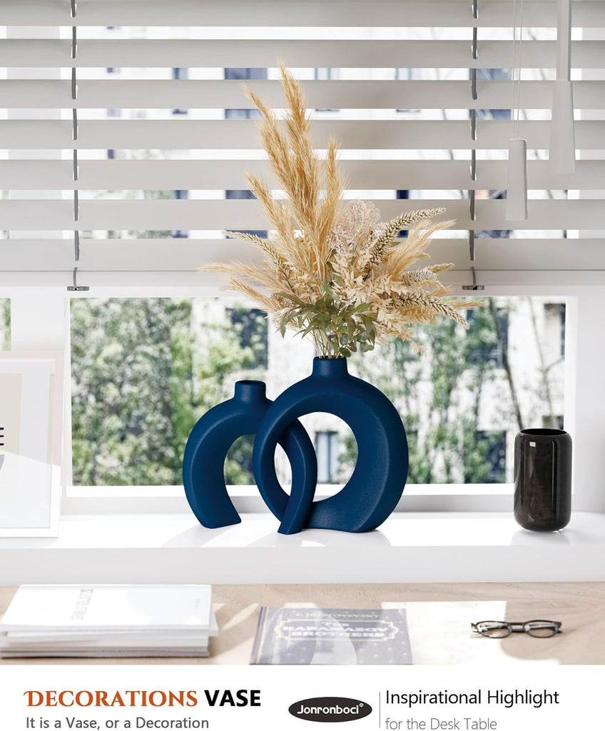 Blue Vase Set of 2 - Donut Navy Vases Home Decor, Modern Coastal Decor - Decorative Vase, Ceramic