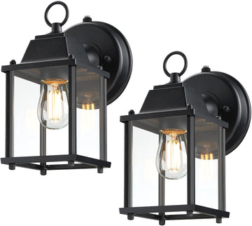8.4" Outdoor Wall Light Fixture, Aluminum Glass, Black, 2 Pack