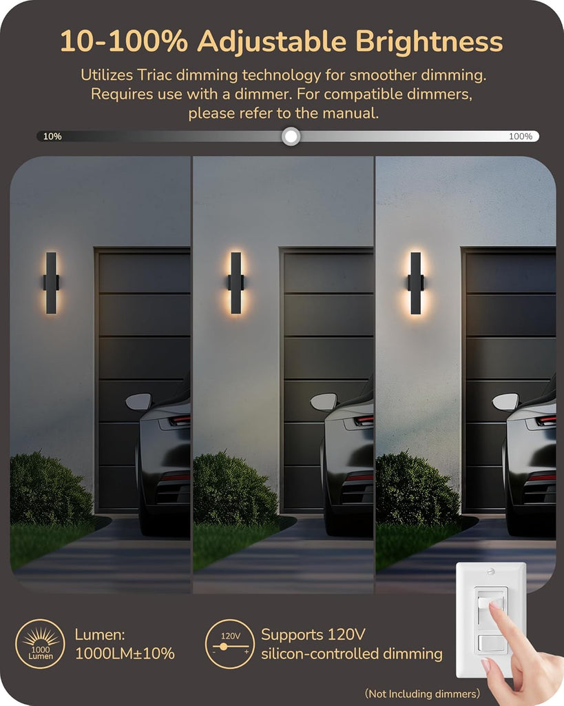 2 Pack LED Outdoor Wall Lights Dimmable, 3000K 4000K 5000K, 15.7" Modern Black Outdoor Wall Sconce, IP65 Waterproof