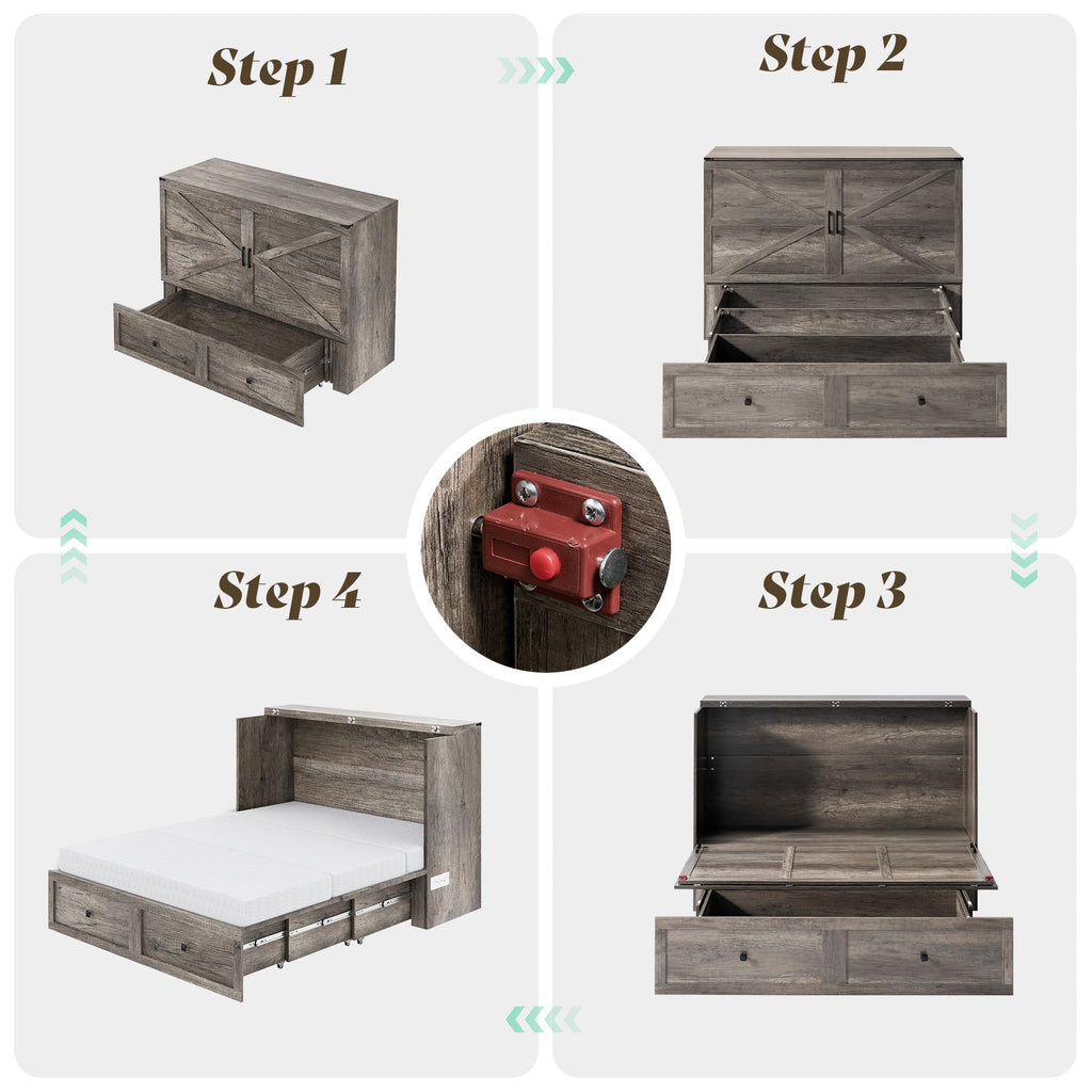 Queen Rustic Grey Murphy Bed with 6" Tri-Fold Memory Foam Mattress