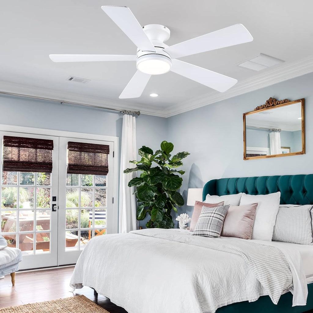 46" Flush Mount RGB Ceiling Fans with Lights - White Low Profile Ceiling Fan Light with Remote/APP, RGB+3CCT 6 Wind Speeds and Reversible, Modern Fan Light Fixture for Party, Kiad's Room