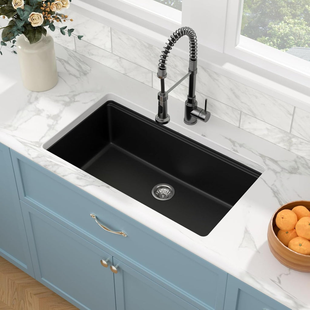 30 Granite Composite - 30"x19" Black Undermount Ledge Workstation Matte Black Granite Quartz Composite Under-Mount