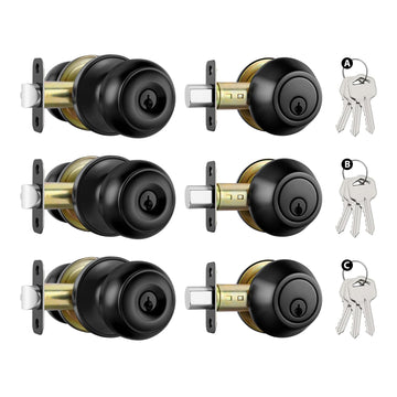 Black Exterior Door Lock Set with Deadbolt Keyed Different 3Pack
