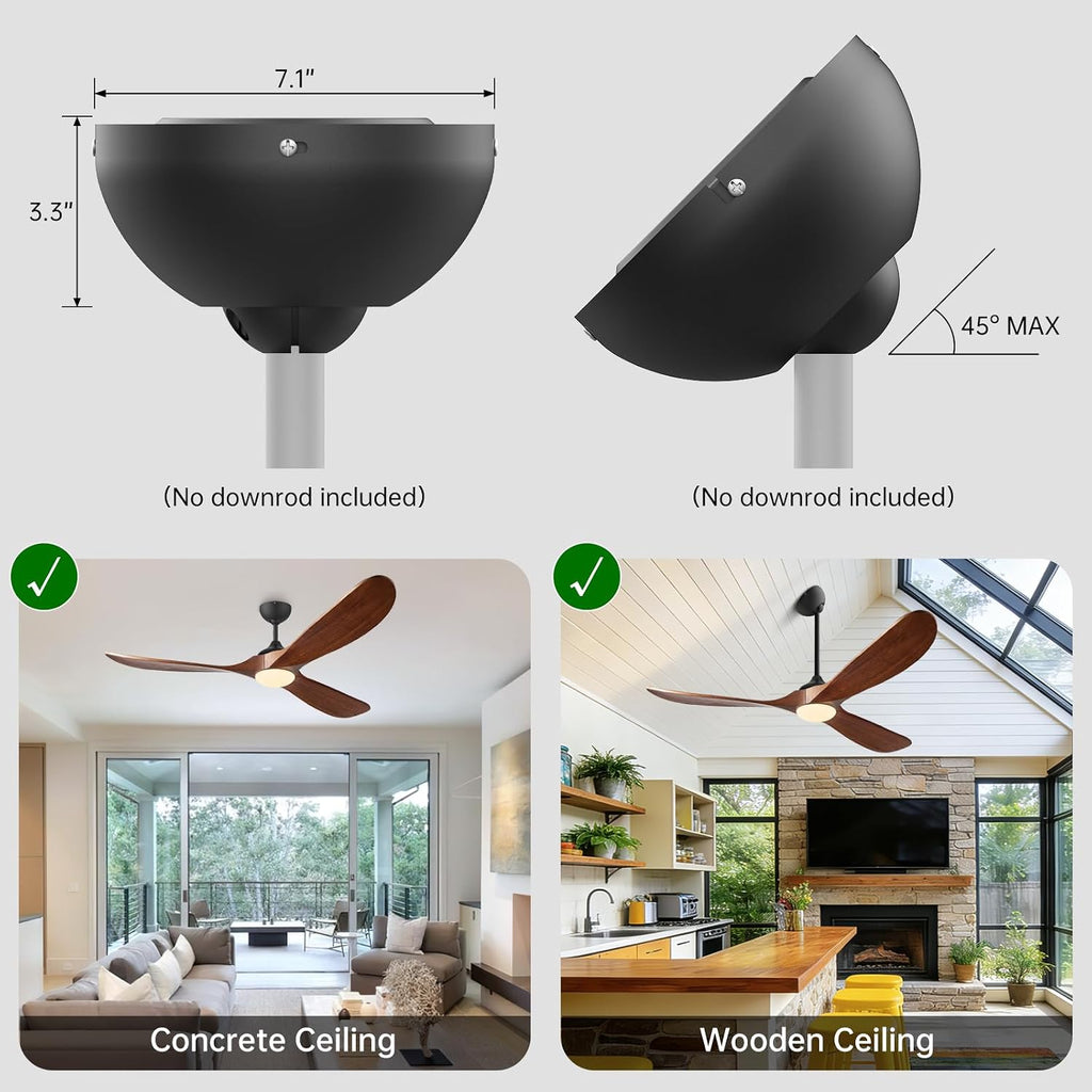 45° Sloped Ceiling Adapter Kit for Ceiling Fans - Heavy-Duty Iron Canopy, Black
