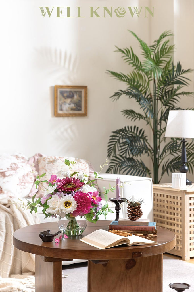 Artificial Flowers Centerpieces in Glass Vase with Fake Water, Silk White Rose Sunflowers Peony Bouquet with Vase for