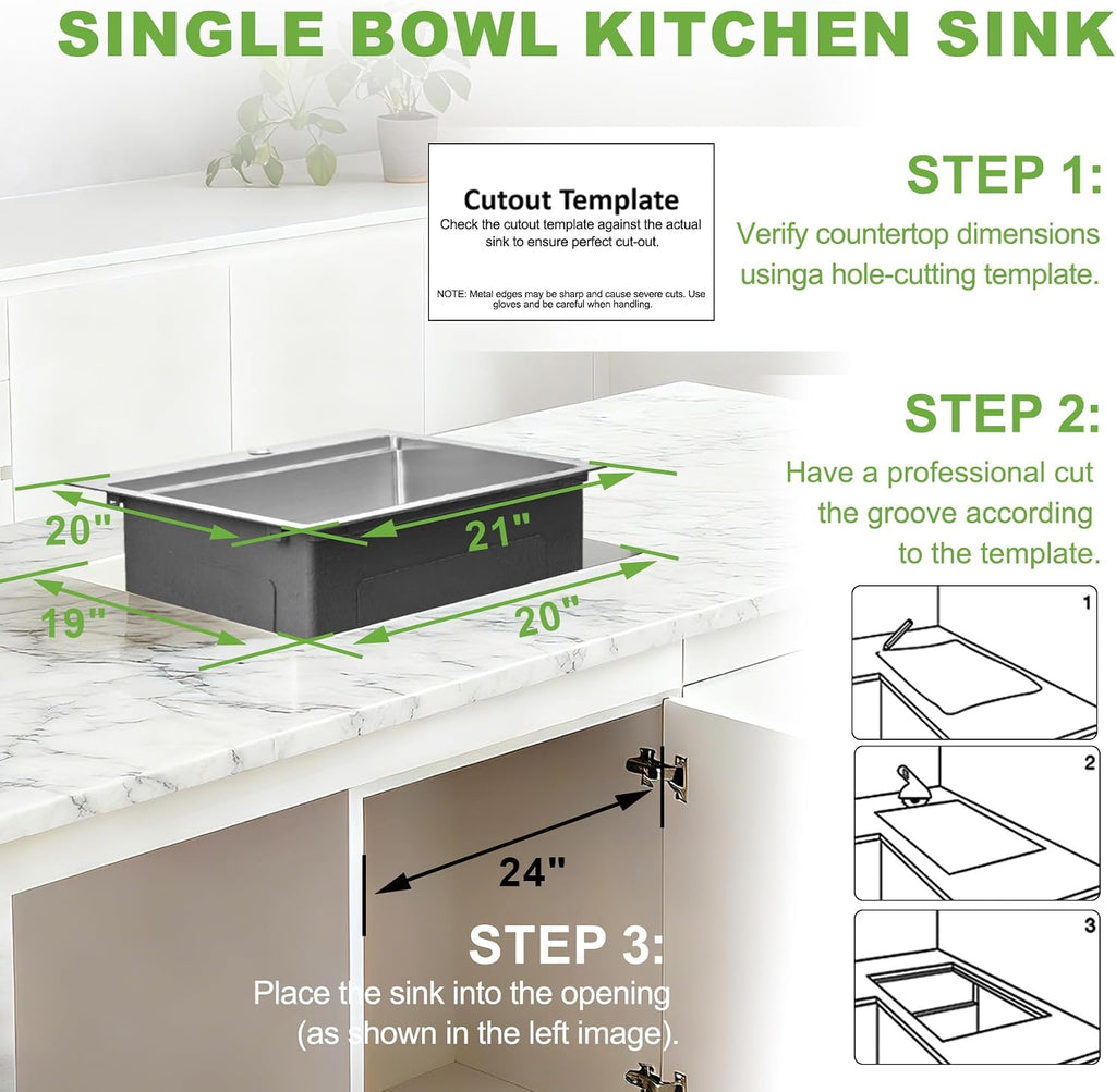21x20x10 Inch Drop In Kitchen Sink, T304 16-Gauge Stainless Steel Single Bowl, Soundproof Brushed Finish, Includes