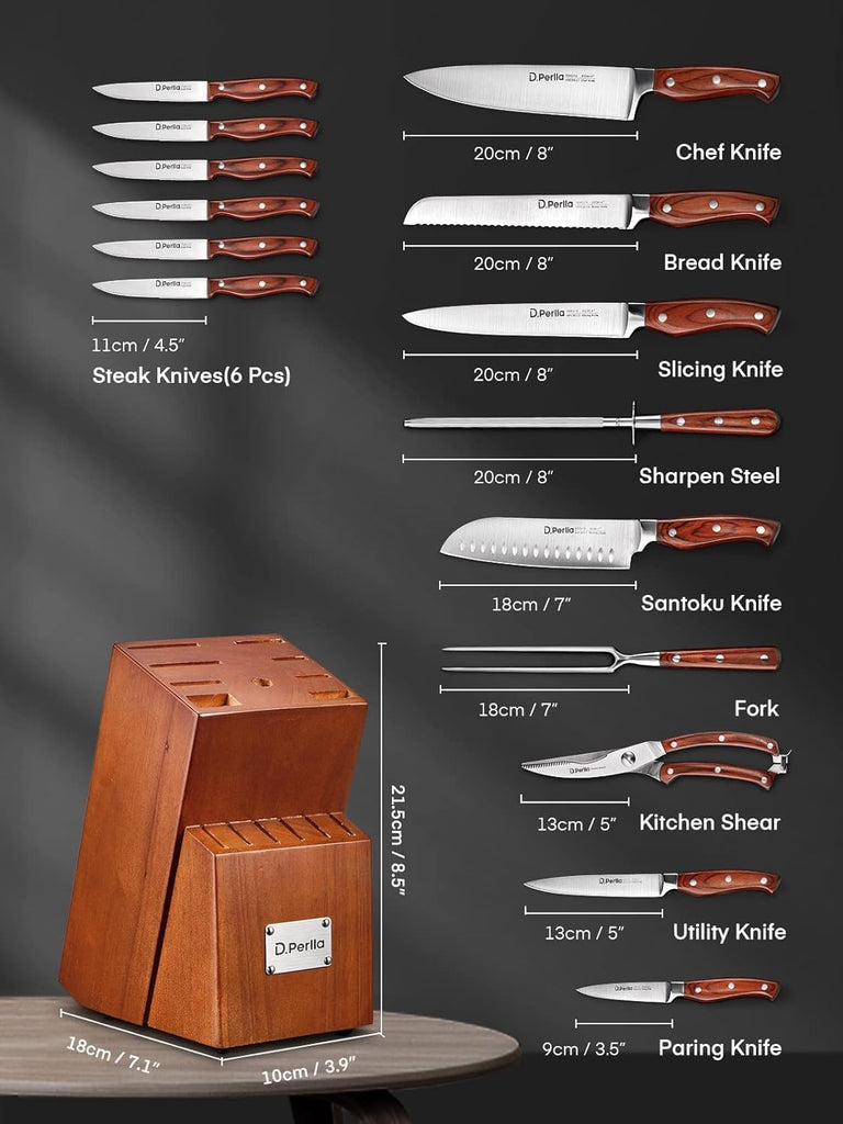 Kitchen Knife Set, 16 Pcs Stainless Steel Knife Block Set with Wood Handle | Kitchen Knife Set with Sharpener