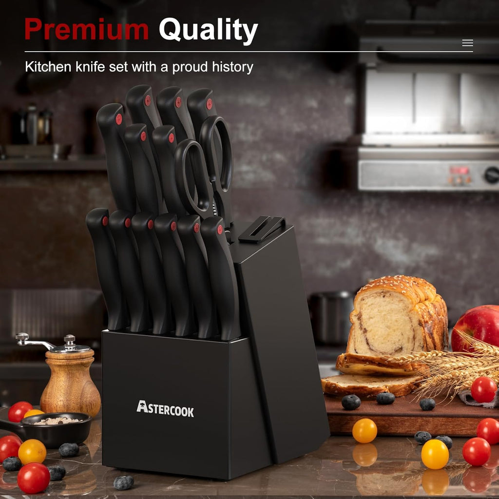 Knife Set with Block and Sharpener 15pcs German | Stainless Steel Kitchen Utensils Set Dishwasher Safe