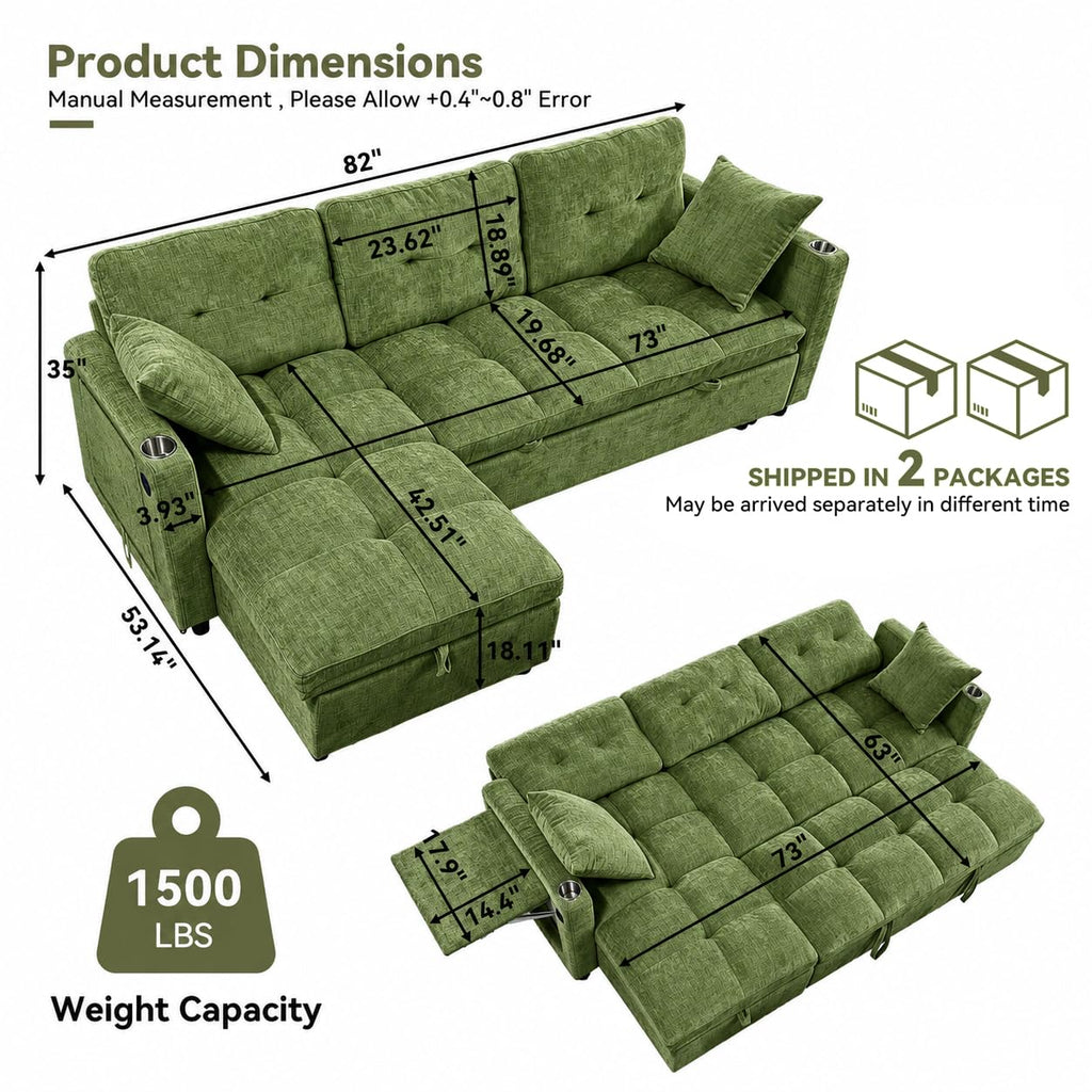 82" Sleeper Sectional Sofa, Comfy Convertible Sofa Bed with Pull Out Couches, Chenille L Shaped Couch with Reversible