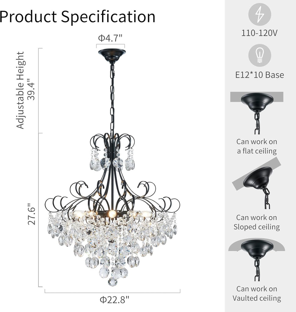 Crystal Chandelier K9 Crystal Lighting Chandelier for Living Room 10 E12 Bulbs High 27.6 in x Diameter 22.8 in, Black