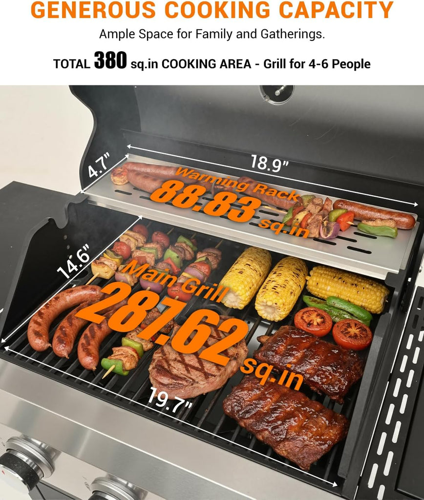 3-Burner Propane Gas Grill with Side Burner, 40,500 BTU Stainless Steel BBQ Grill with Cast Iron Grates and Wheels for Patio and Garden