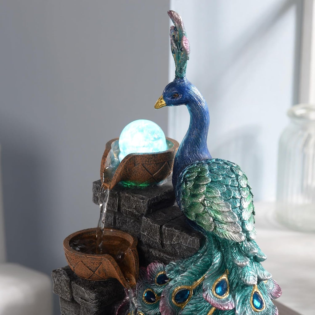 Tabletop Water Fountain Decor, Peacock with LED Glass Color Changing Globe,Relaxation Decorative Desktop Water Zen