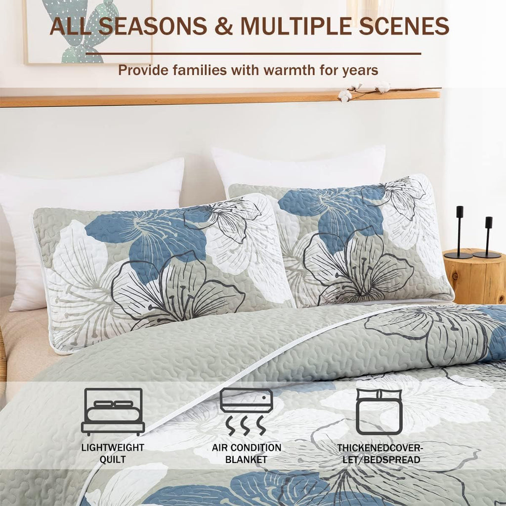3 Pieces Quilt Set Floral Pattern Coverlet Elegant Boho Bedspread with 2 Pillow Shams Lightweight Microfiber