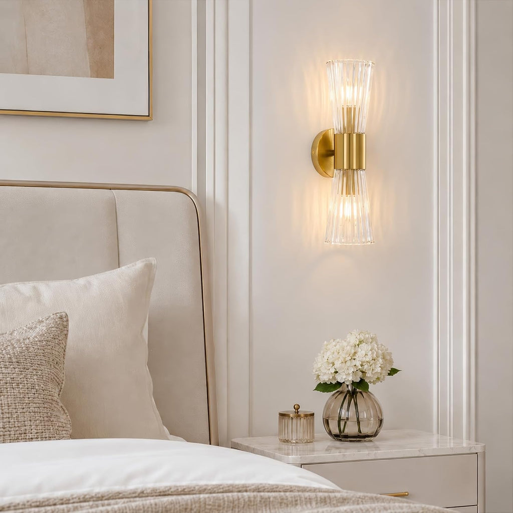 Gold Glass Wall Sconce Light,Mid Century Modern Bathroom Wall Sconces | Ribbed Clear Glass Gold Wall Light,2-Light