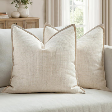 Pack of 2 Thick Textured Couch Throw Pillow Covers, Natural Beige Decorative Pillow Covers 18x18, Neutral Linen