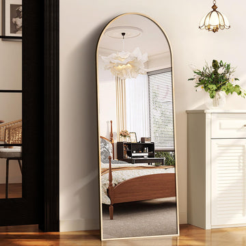 58"x18" Arched Full Length Mirror, Elegant Full Body Mirror with Stand & Cloakroom, Gold