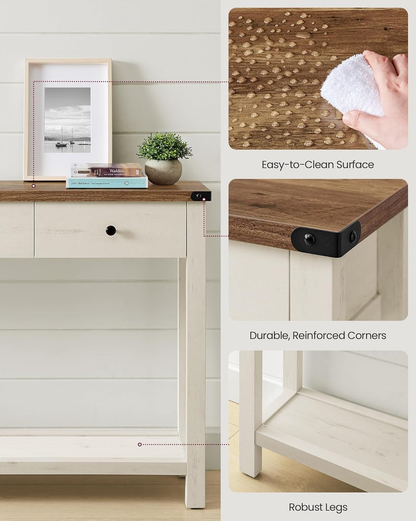 Console Sofa Table, Narrow Entryway Table with 3 Drawers, Open Storage Shelf, Metal Corners, , Farmhouse