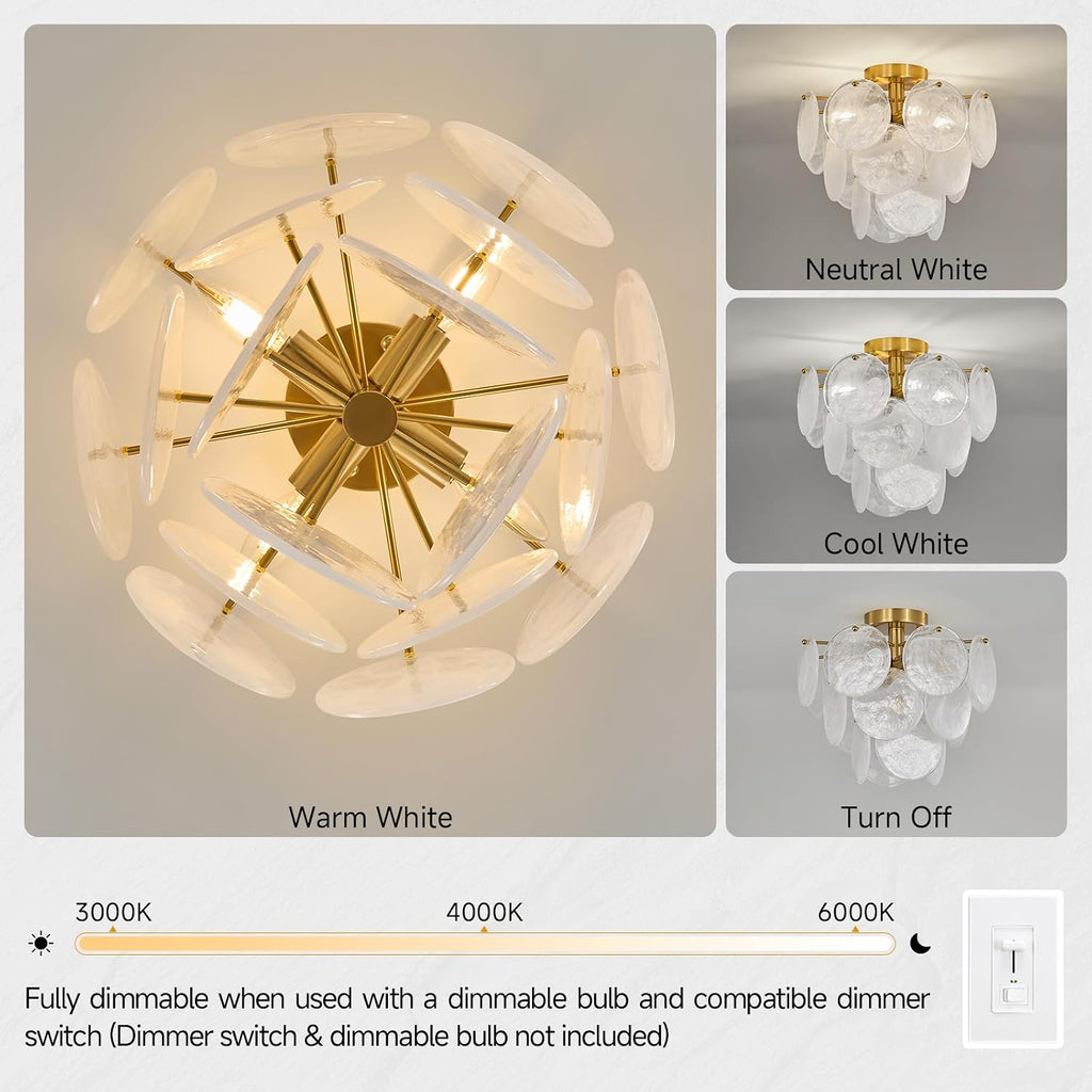 Gold Semi Flush Mount Chandelier, Round Cloud Glass Bedroom Light Fixtures | Modern Mid Century Small Bathroom