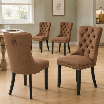 Brown Linen Set of 4, Tufted Kitchen & Dining Room Chairs